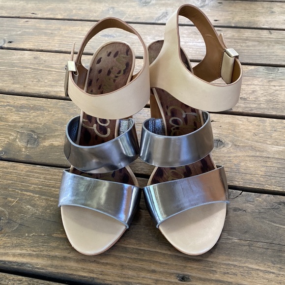Sam Edelman Yelena Silver & Tan Leather Strappy Block Heels - Picture 7 of 14